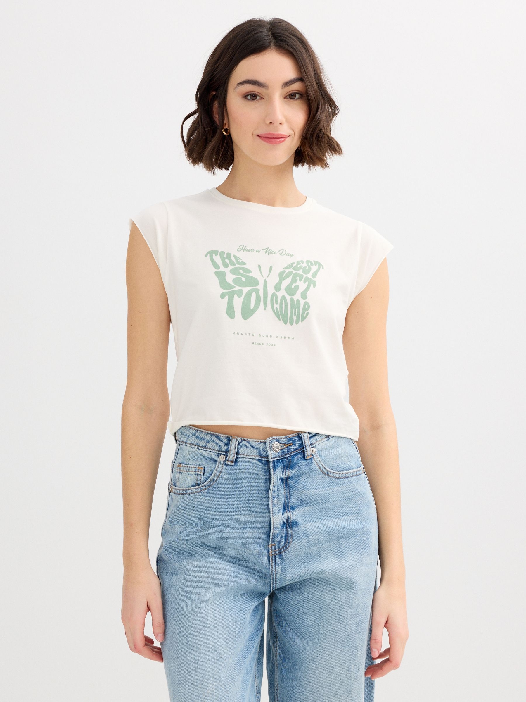 Camiseta crop the best off white vista meia frontal