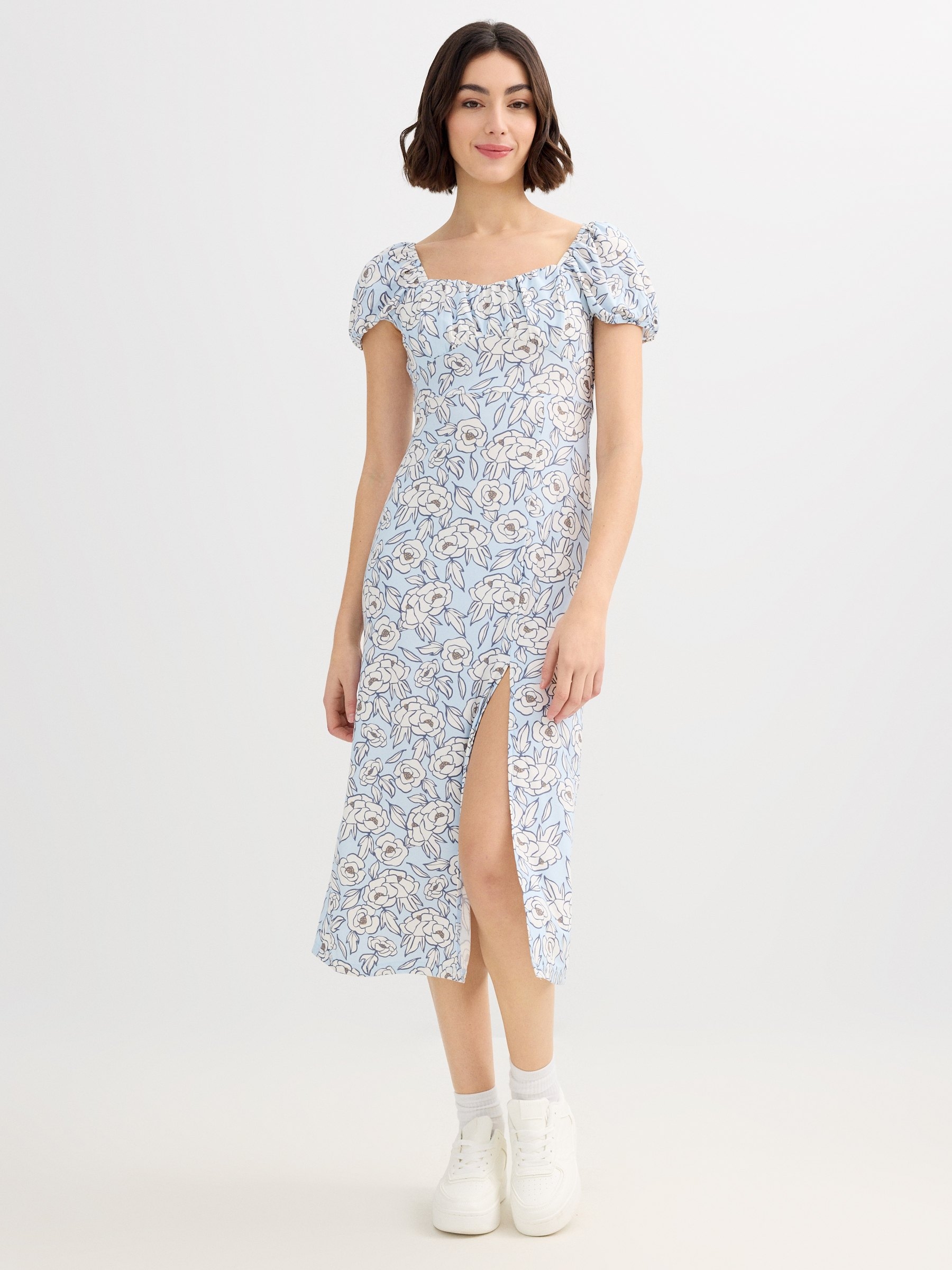 Vestido midi floral con abertura azul claro vista media frontal
