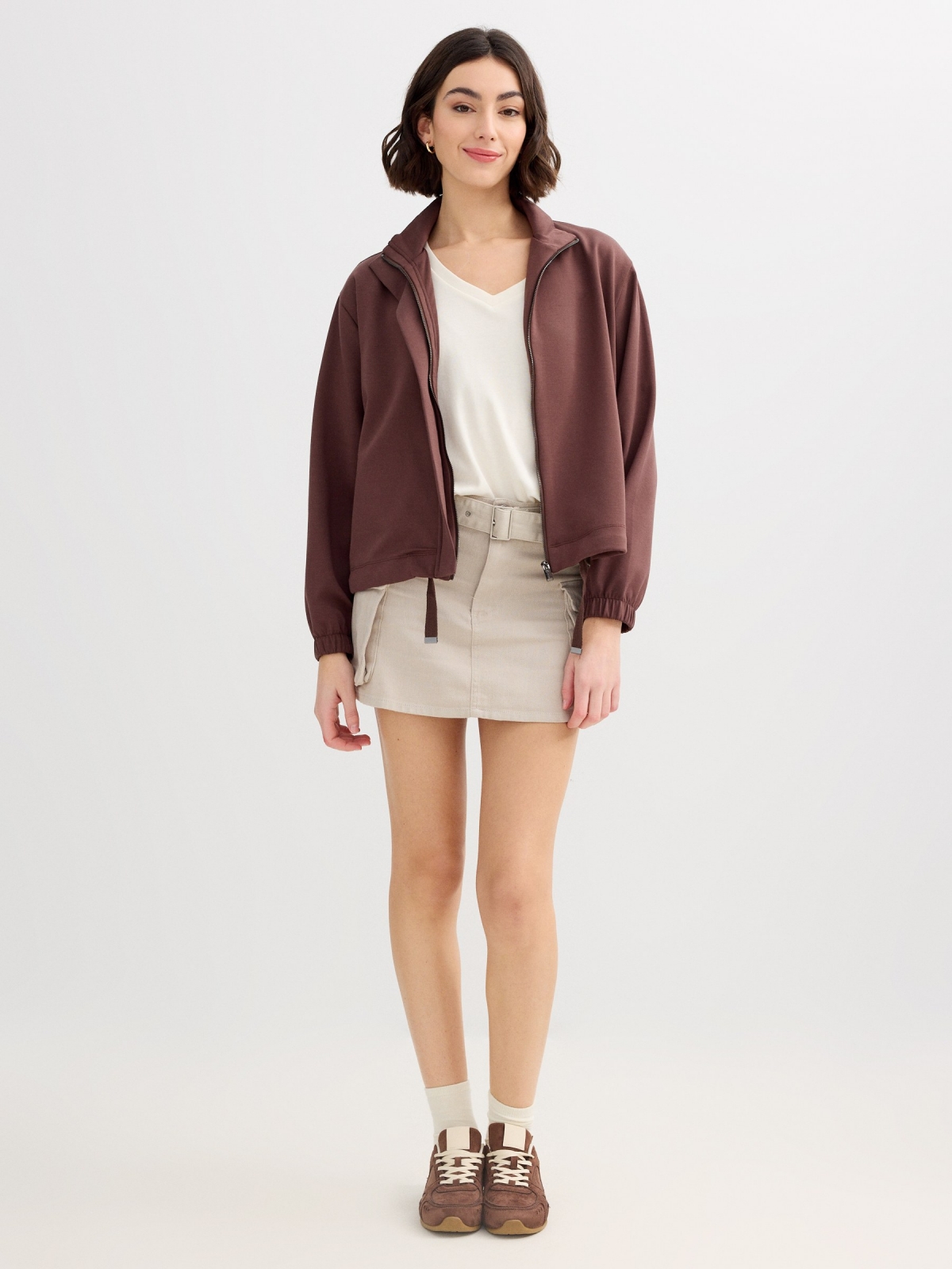 Cargo miniskirt with belt taupe middle front view