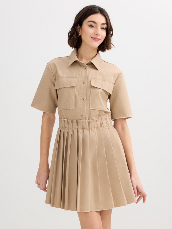 Pleated shirt dress sand middle front view