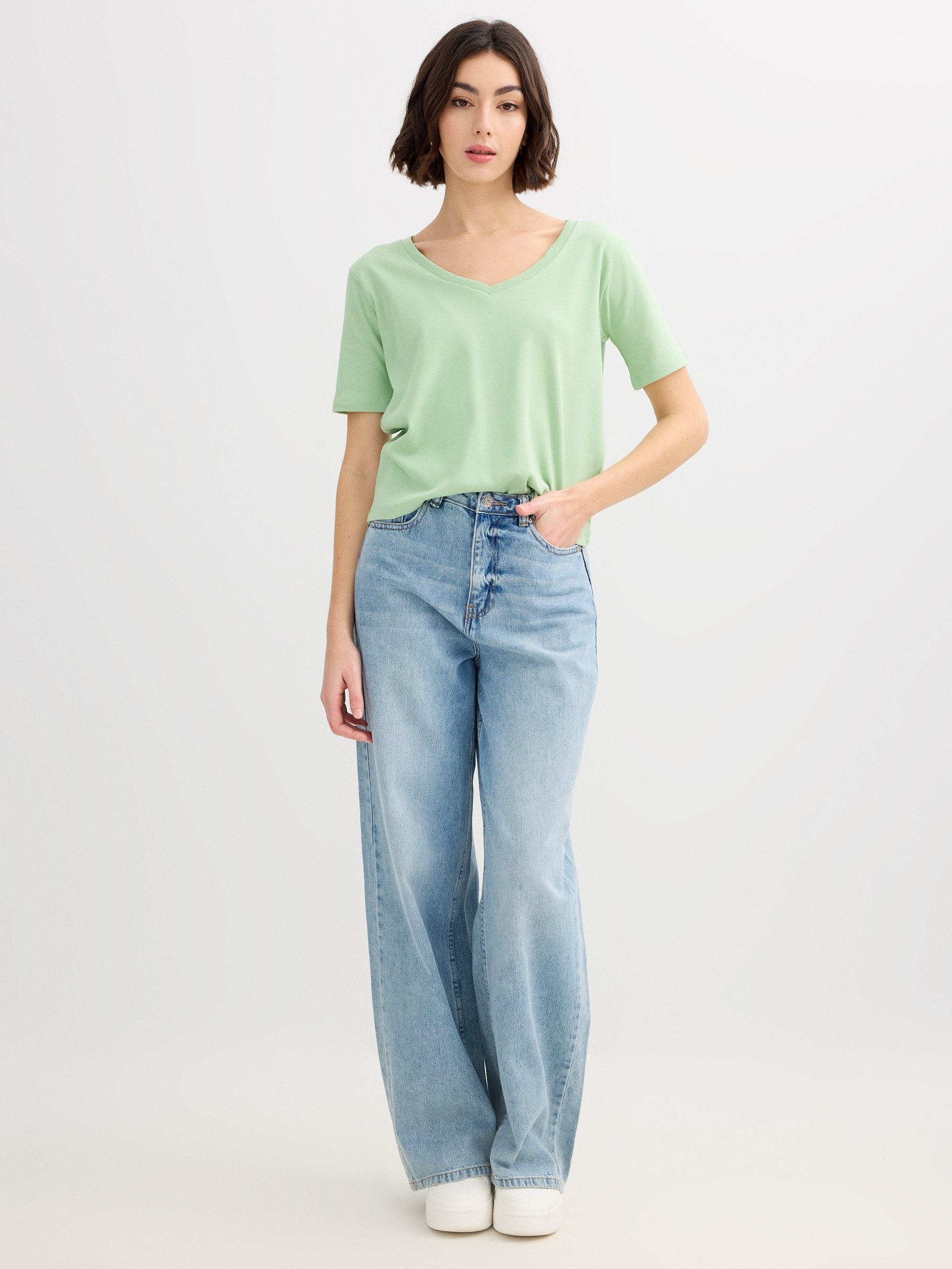 Cotton V-neck T-shirt light green middle front view