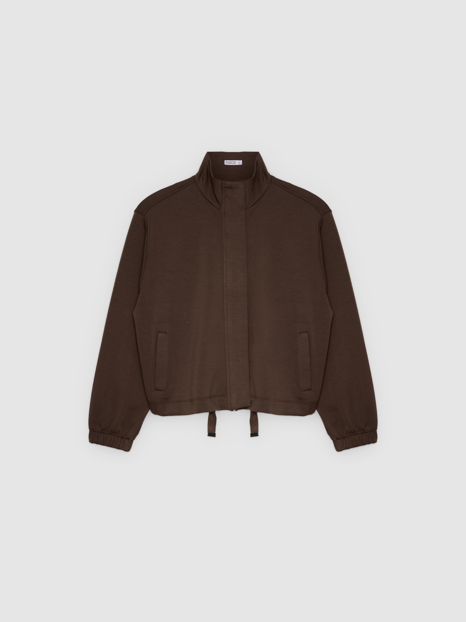 Basic jacket with perkins collar chocolate middle front view