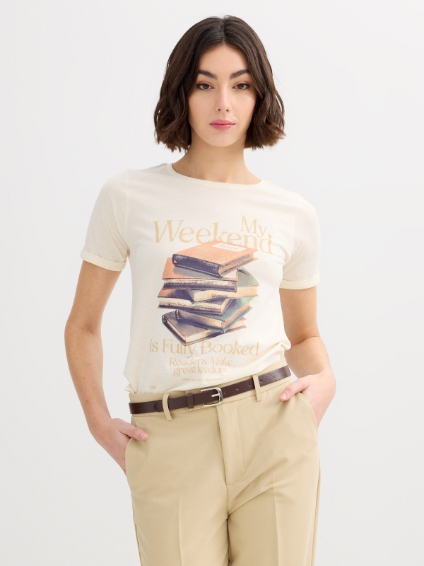 Camiseta Fully Booked off white vista meia frontal