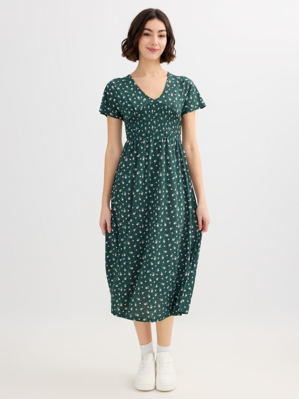 Midi floral dress dark green middle front view