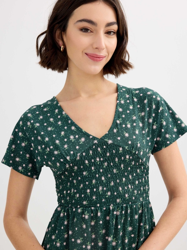 Vestido midi flores verde escuro vista geral frontal