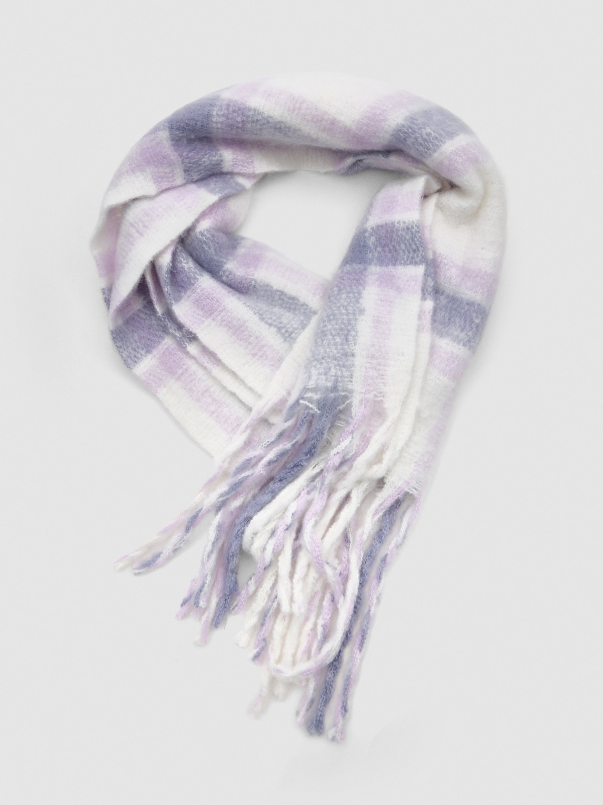 Plaid blanket scarf with fringes white detail view