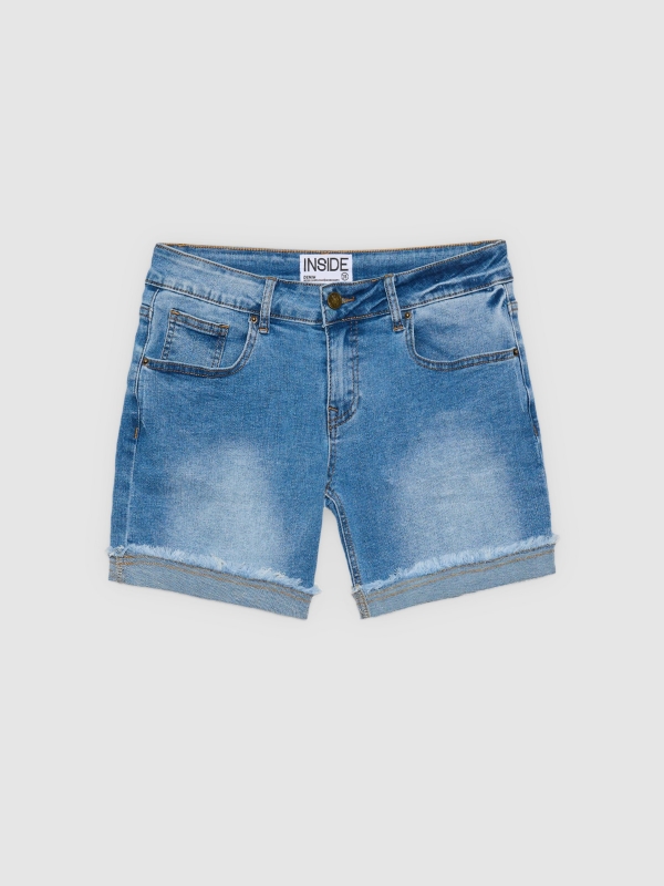  Frayed hem denim shorts blue front view
