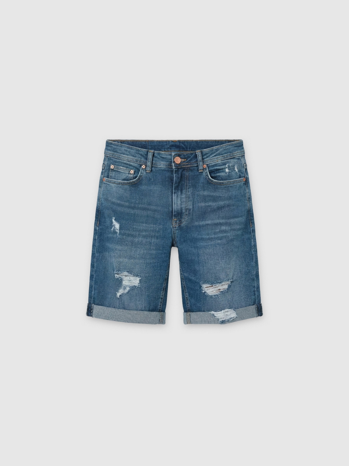 %Pto% Denim Bermuda with rips blue front view