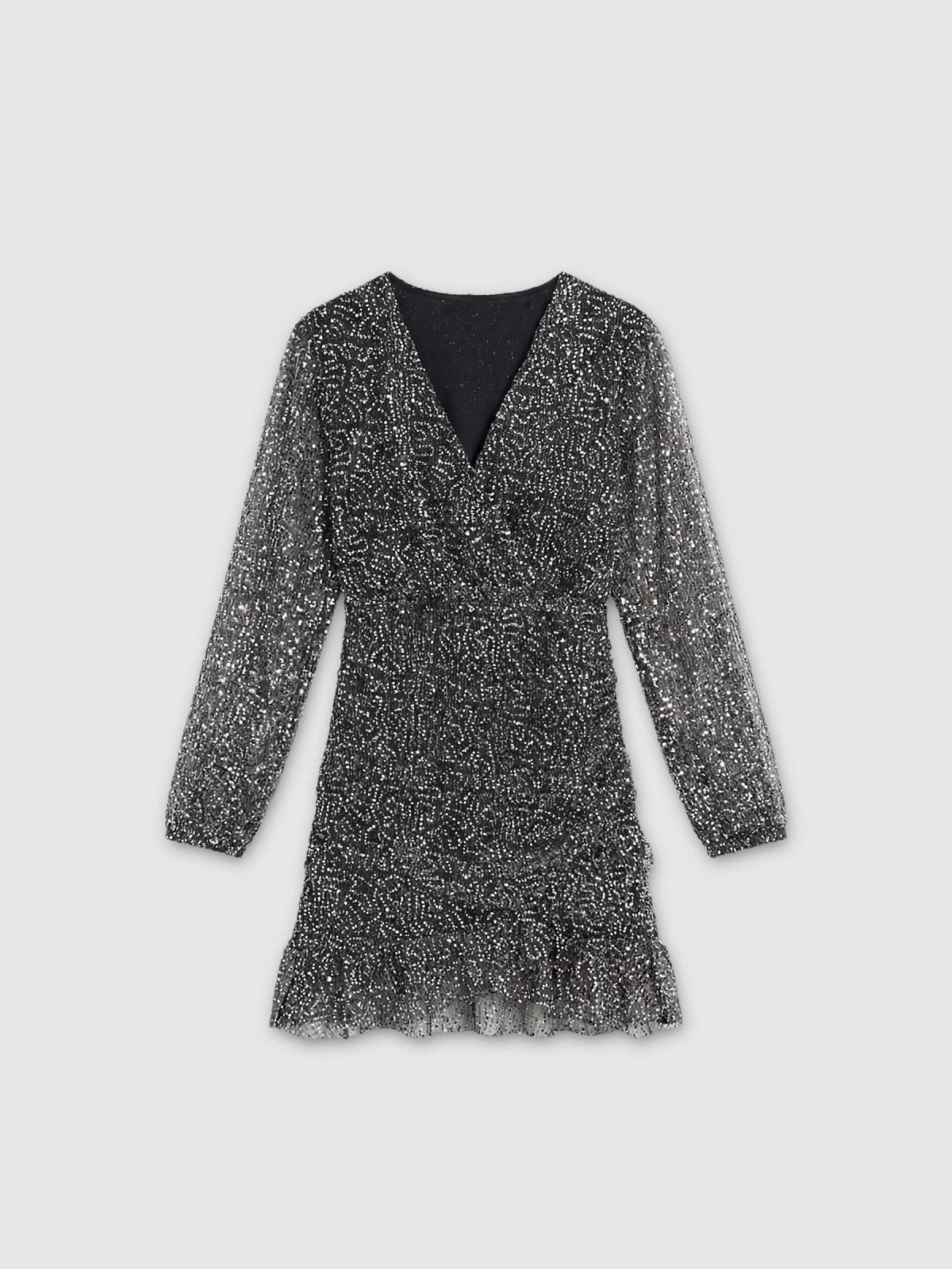 %Pto% Vestido mini cruzado con volante y lentejuelas plateado vista frontal