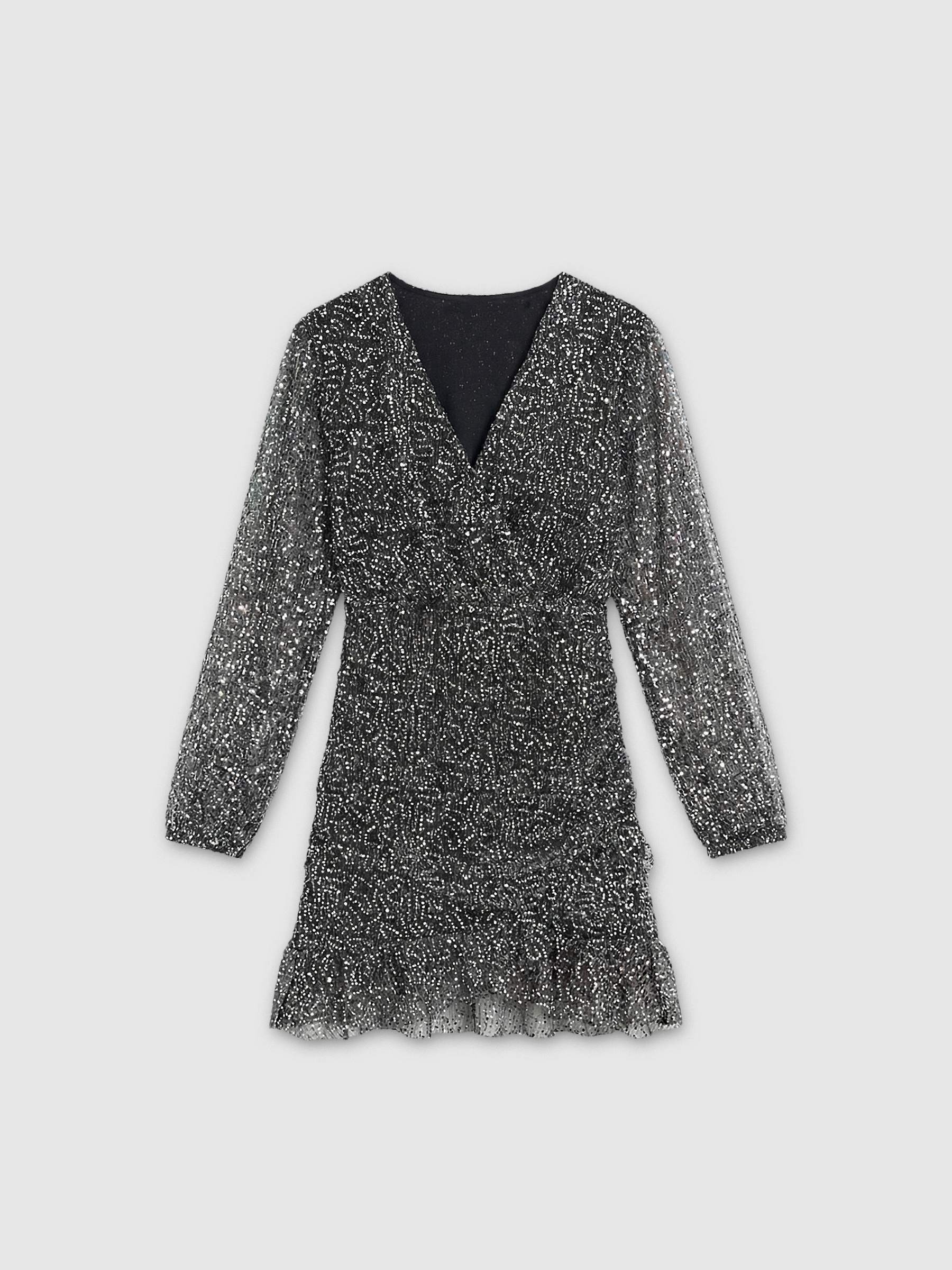 Vestido mini cruzado con volante y lentejuelas plateado vista media frontal
