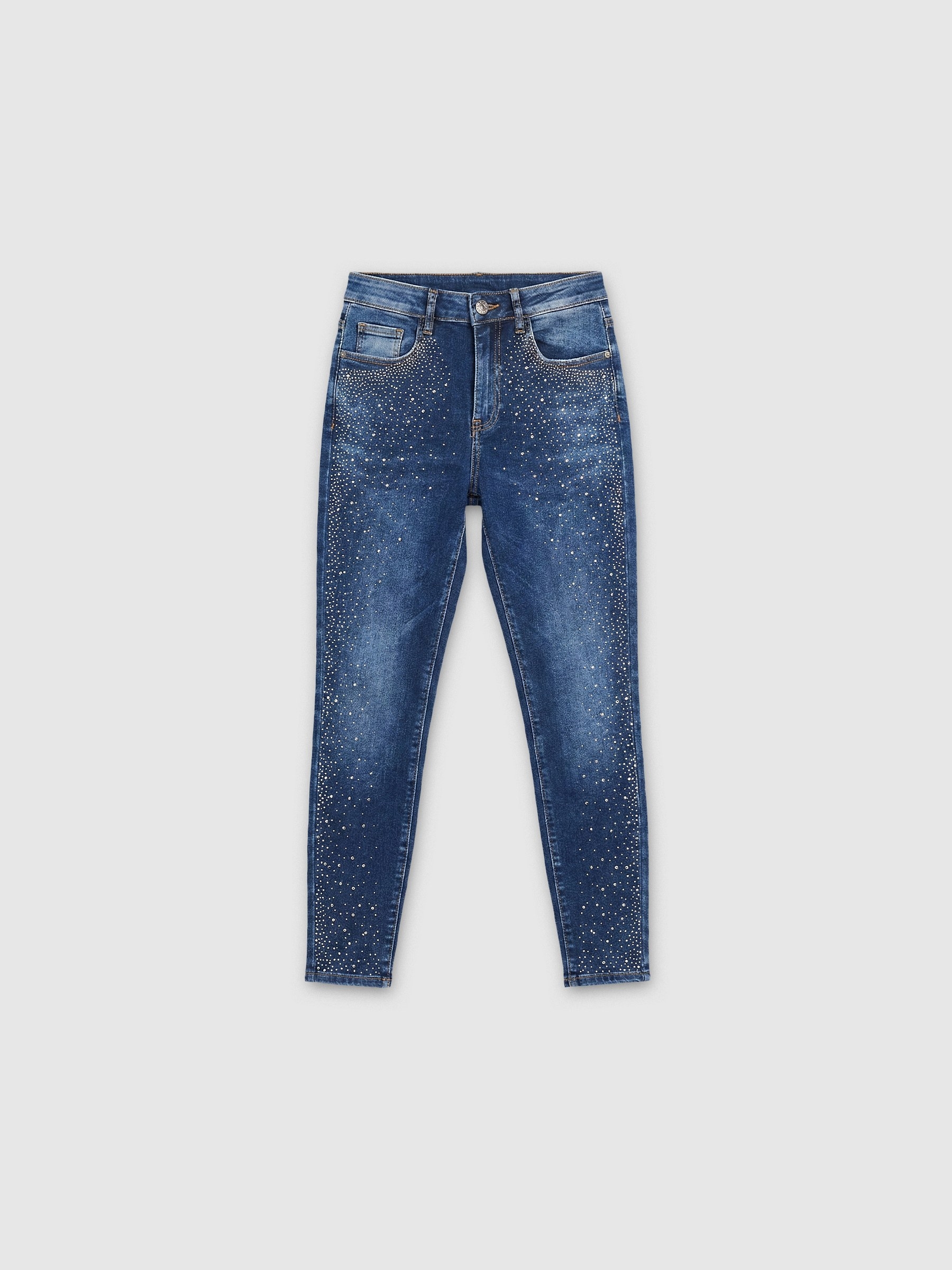 Jeans skinny com brilho azul escuro vista geral frontal