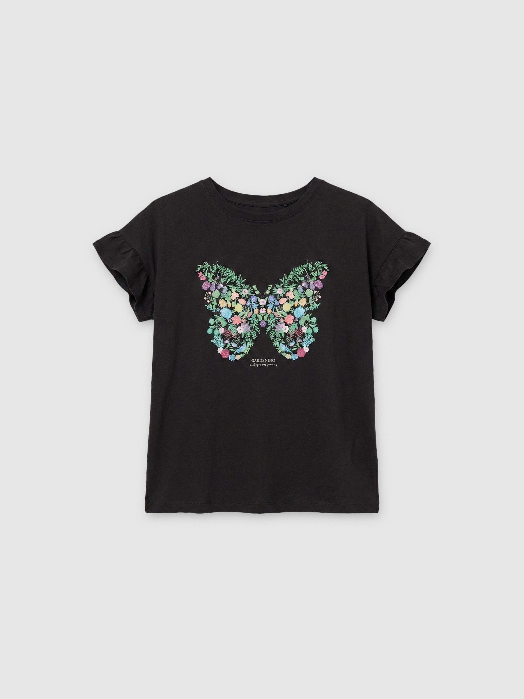 Short sleeve ruffle shirt black middle front view