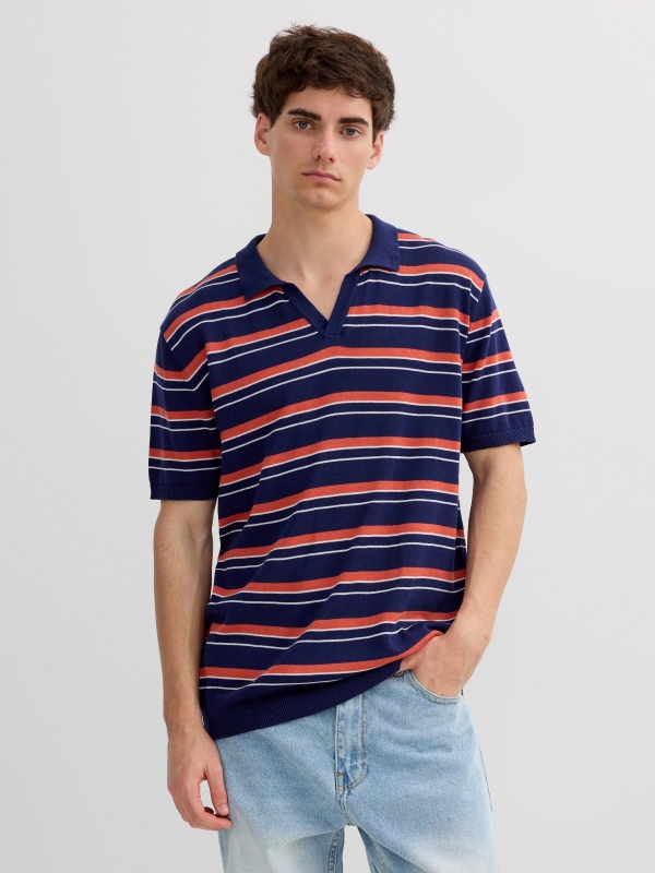 Striped knit polo with classic collar blue middle front view