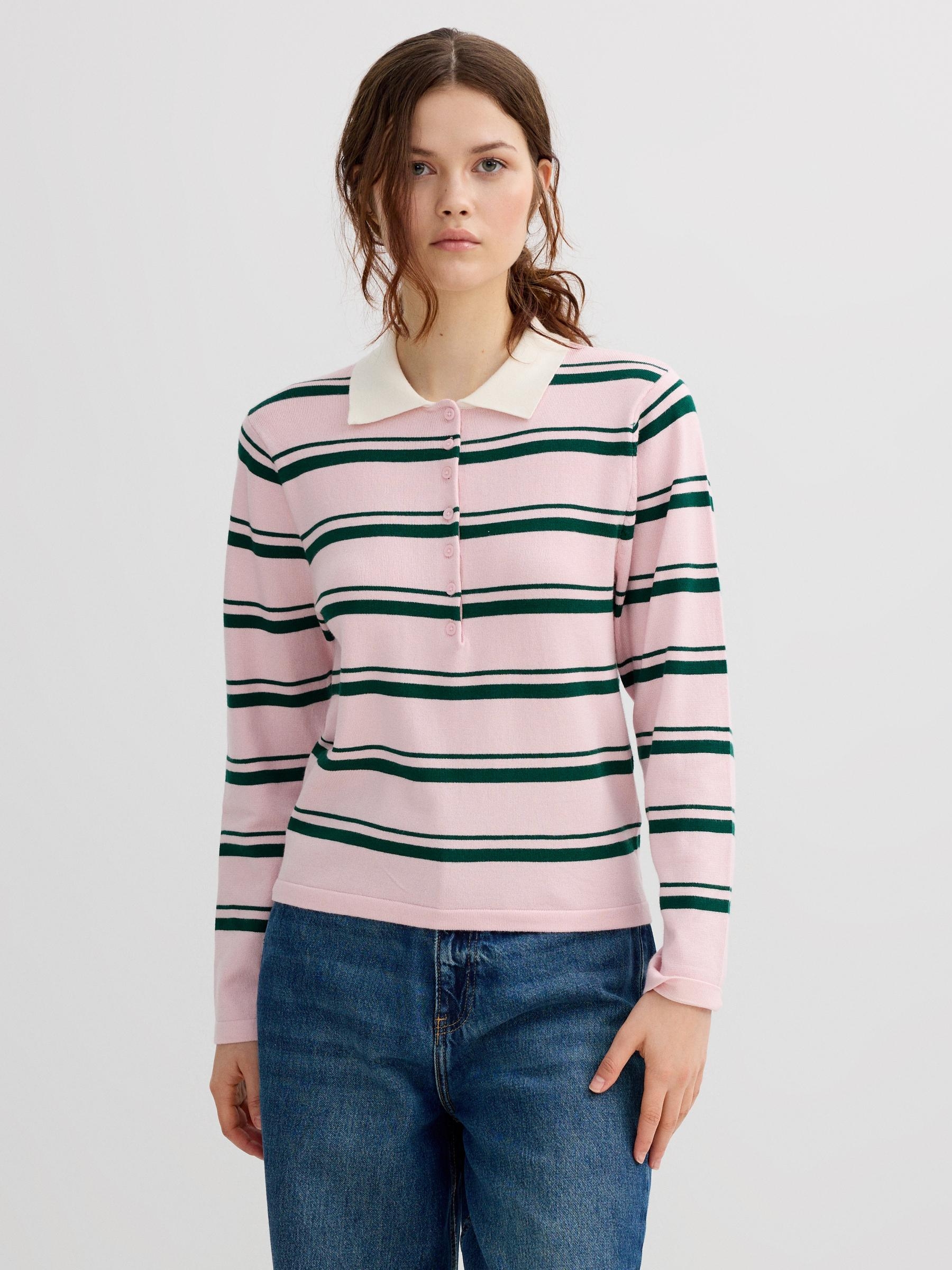 Jersey polo de malha listrado com botões rosa claro vista meia frontal