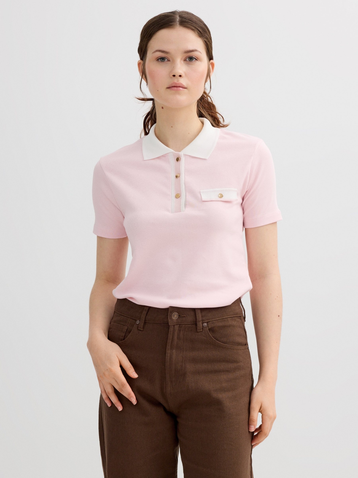 Casual cotton polo light pink middle front view