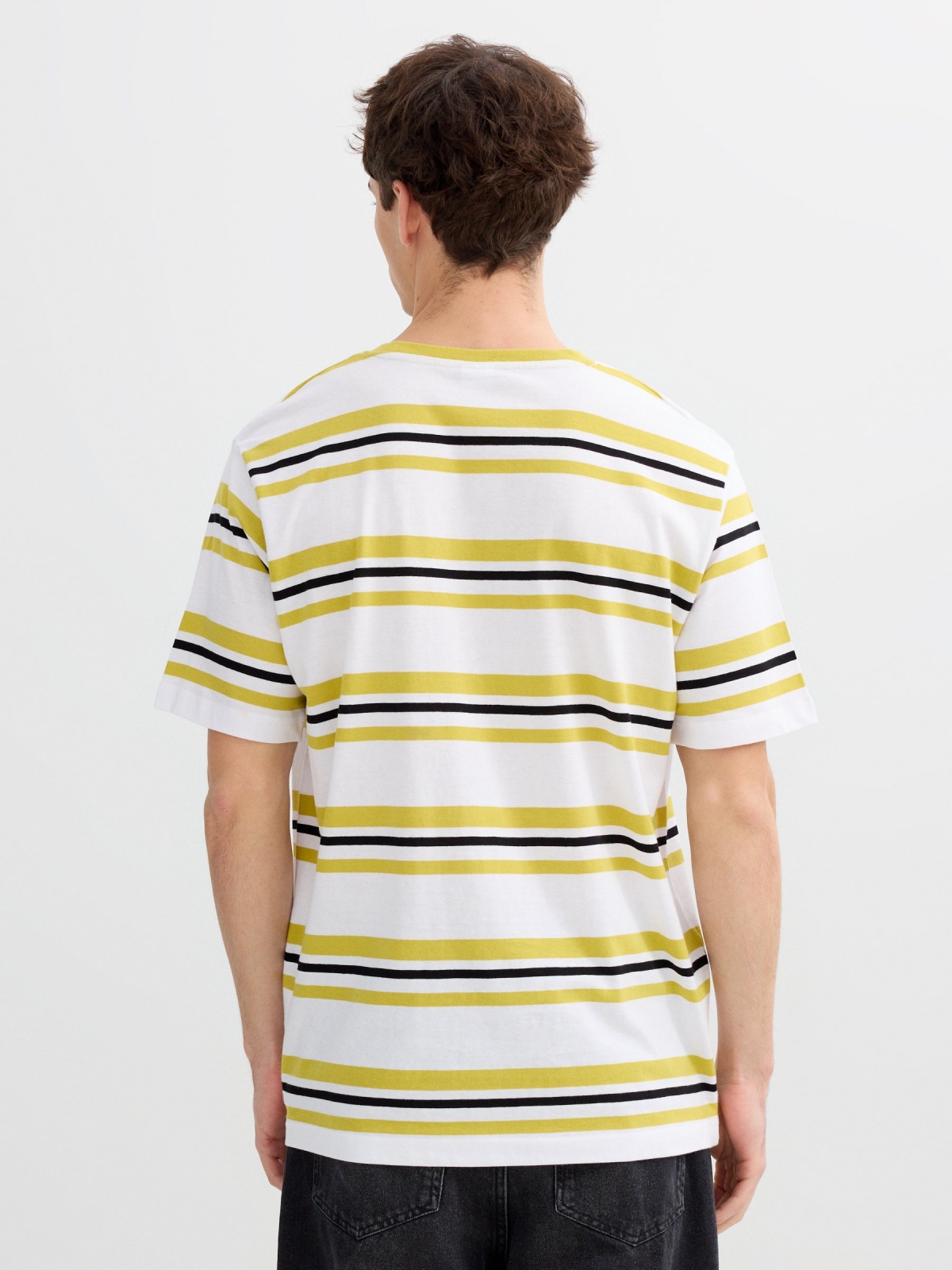 Striped round neck t-shirt white middle back view