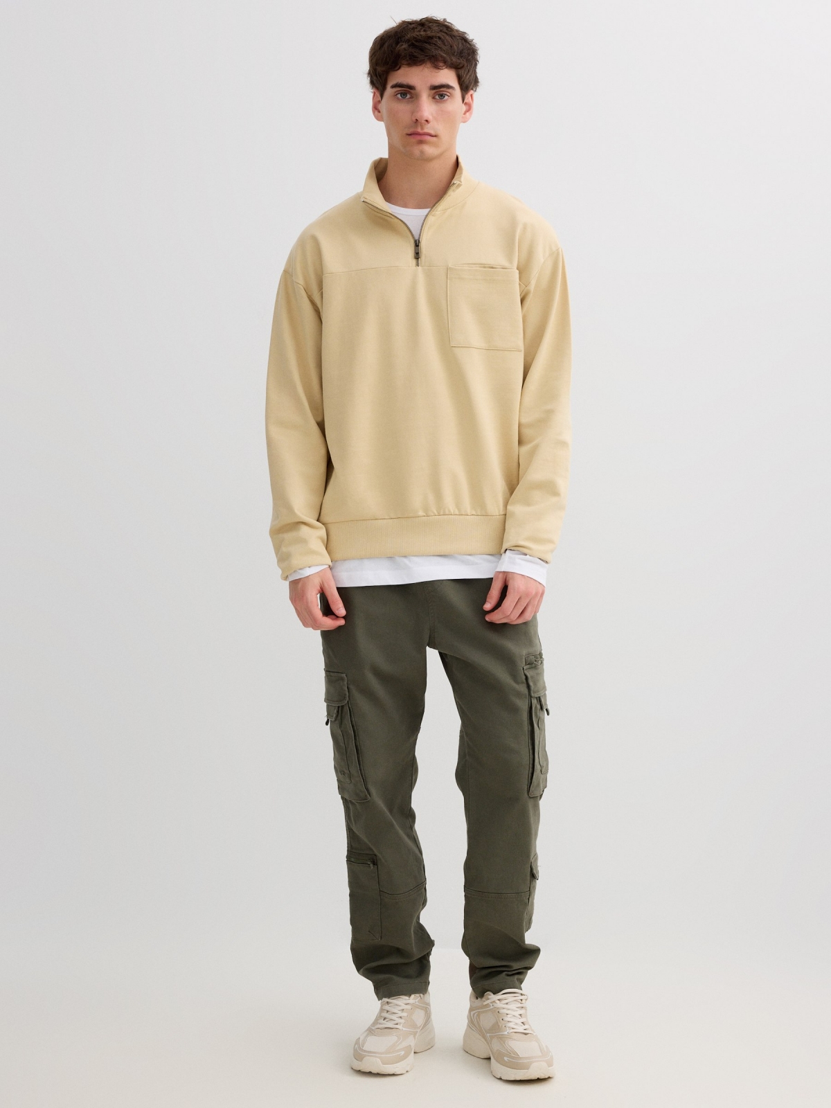 Oversized zip-up fleece sweatshirt raw front view