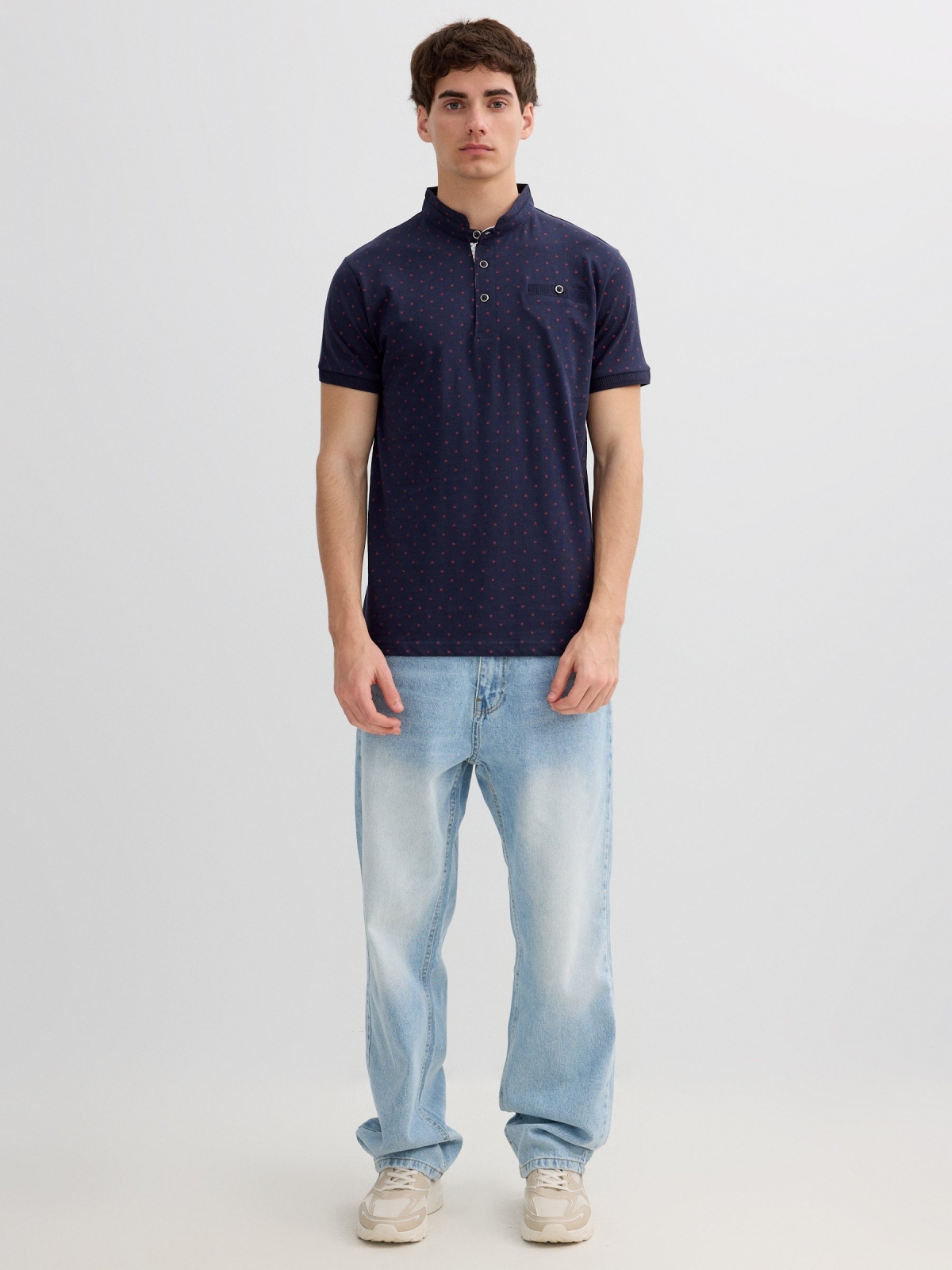 Mao collar polo pocket navy front view