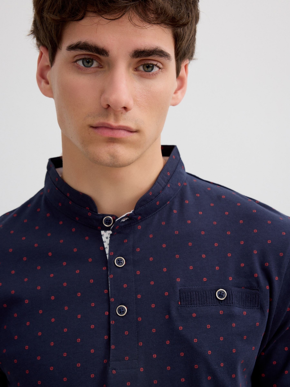 Mao collar polo pocket navy detail view