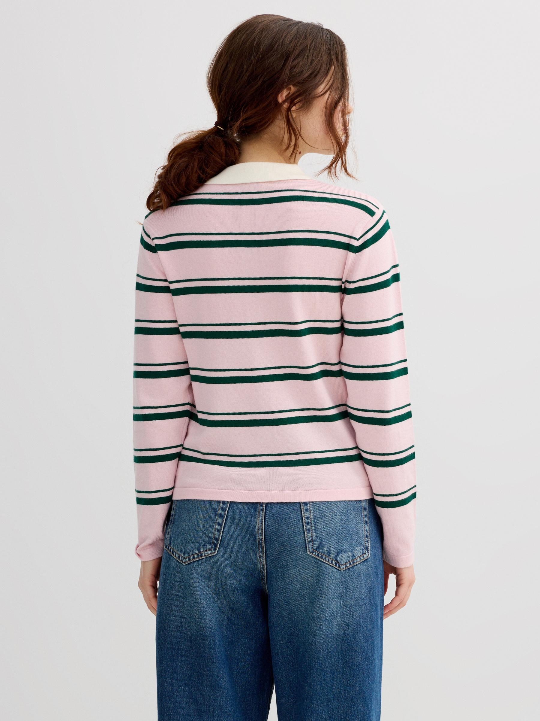 Jersey polo de malha listrado com botões rosa claro vista meia frontal