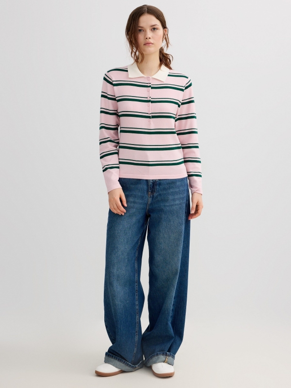 Striped knit polo jersey with buttons light pink front view