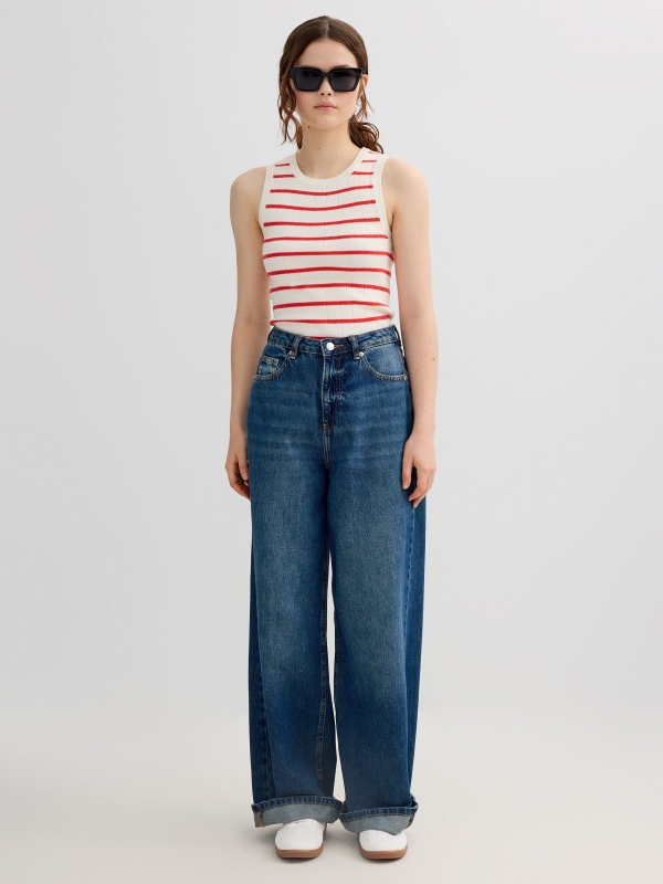 Sleeveless striped knit top coral front view
