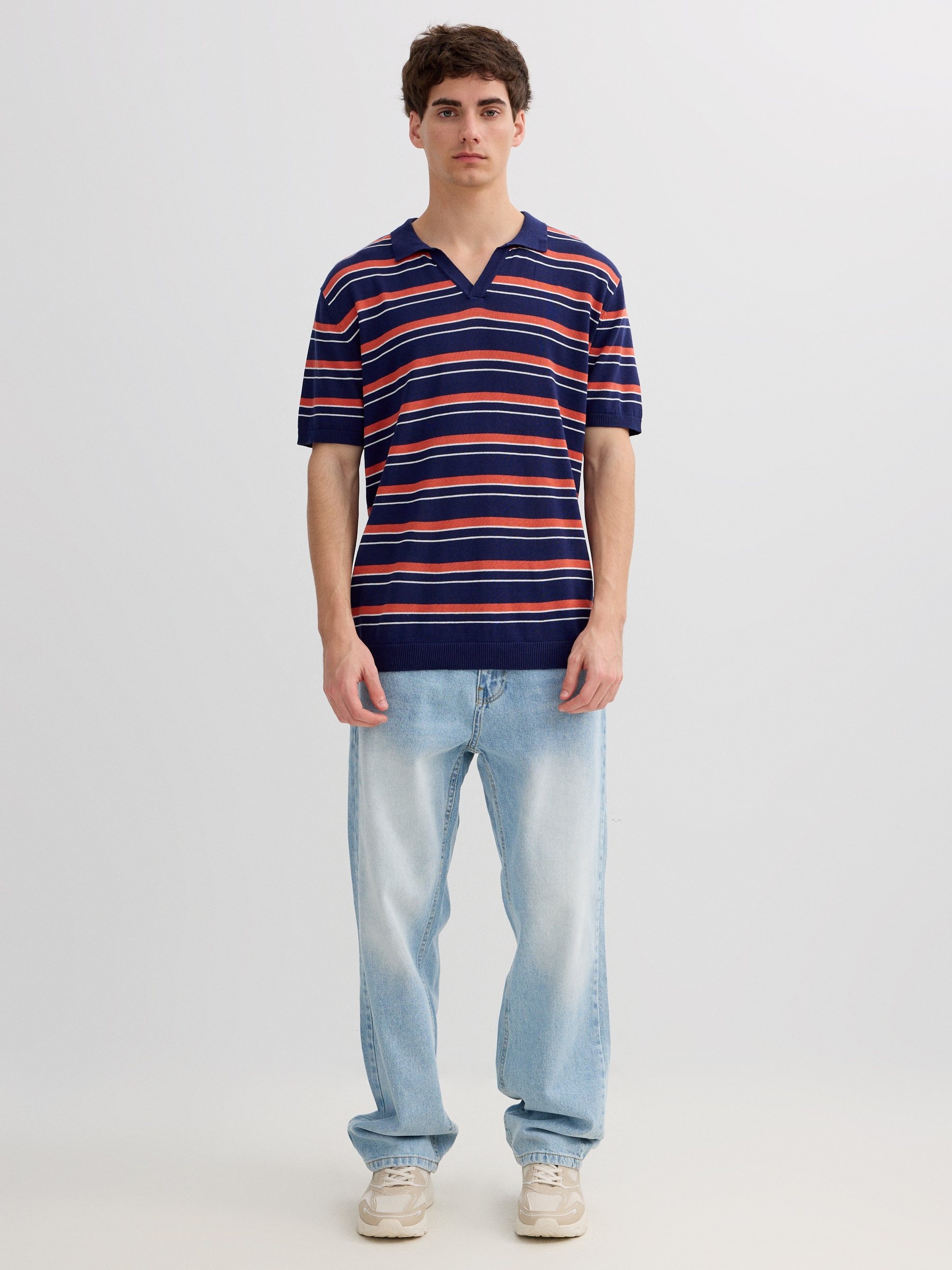 Striped knit polo with classic collar blue middle front view