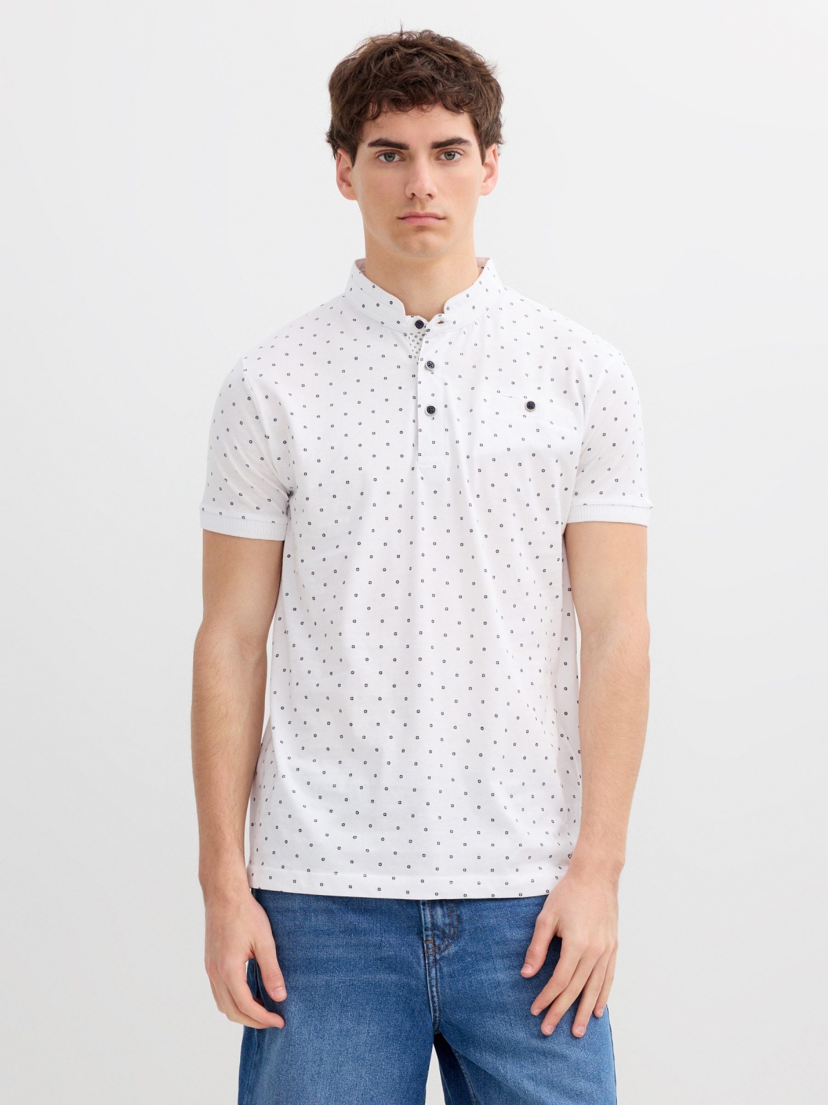 Mao collar polo pocket white middle front view