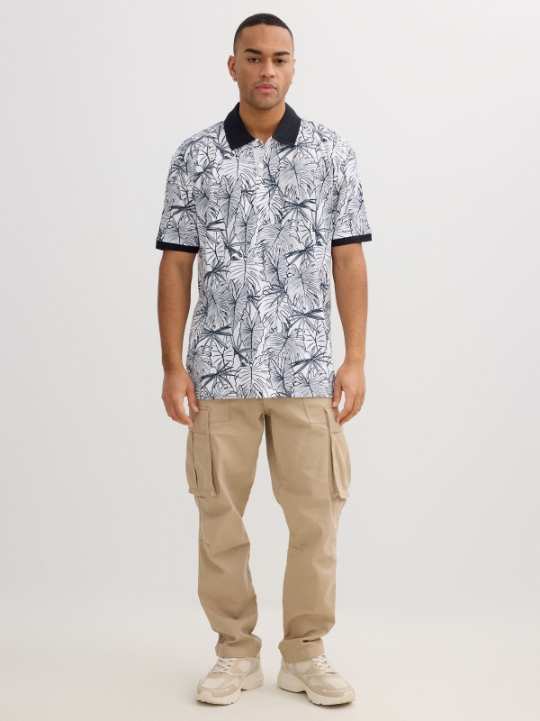 Polo tropical de manga corta blanco vista general frontal