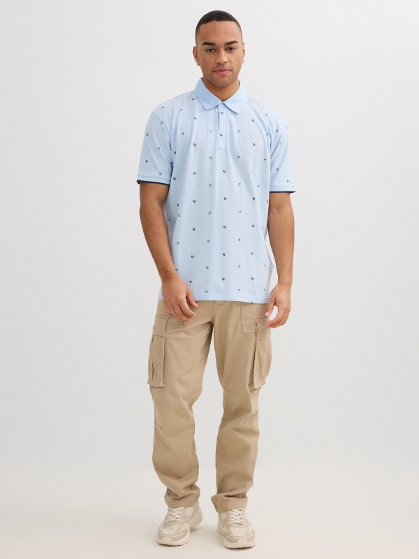 Blue piqué polo with mini print light blue front view