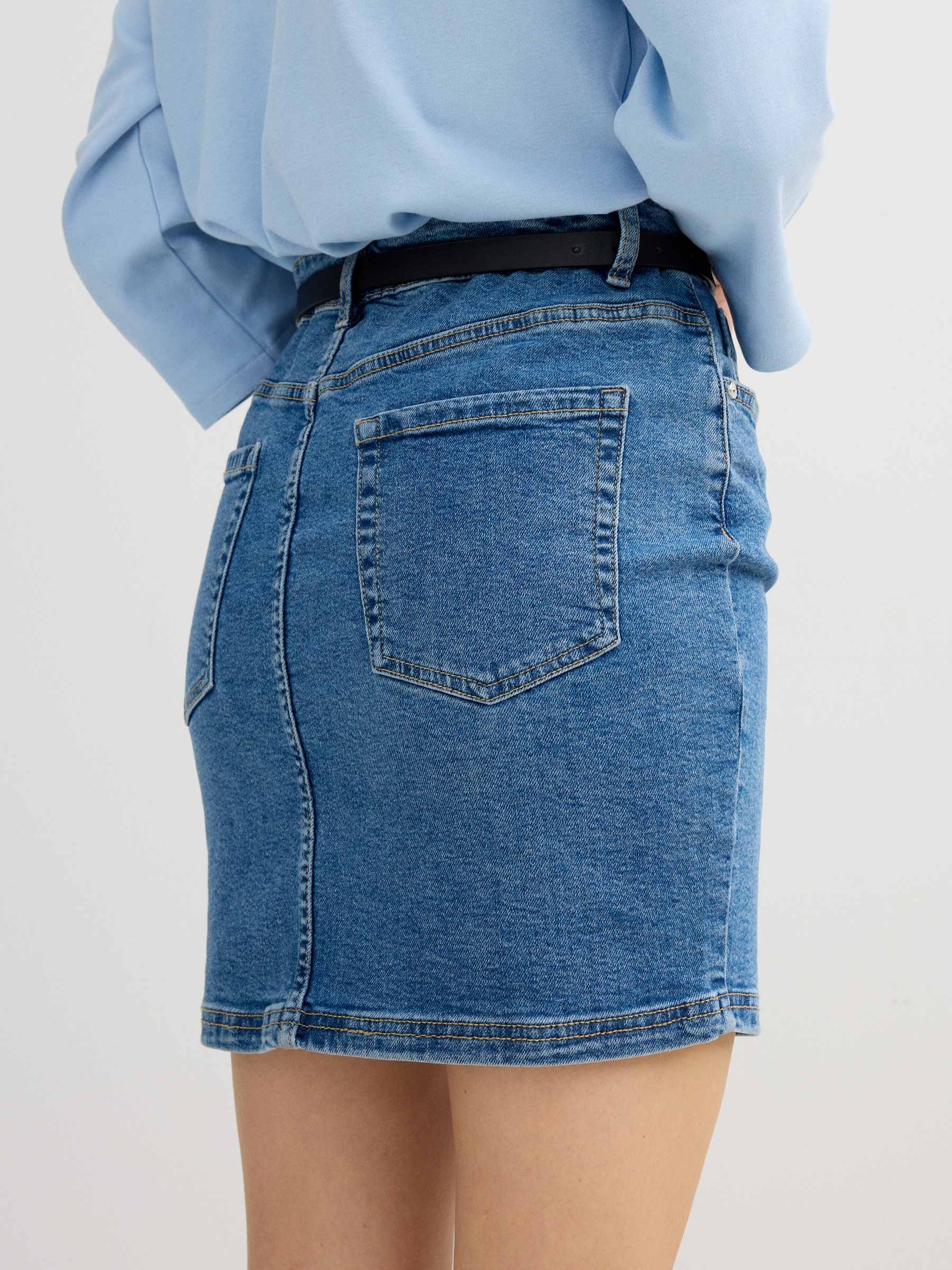 Fitted denim miniskirt blue middle front view