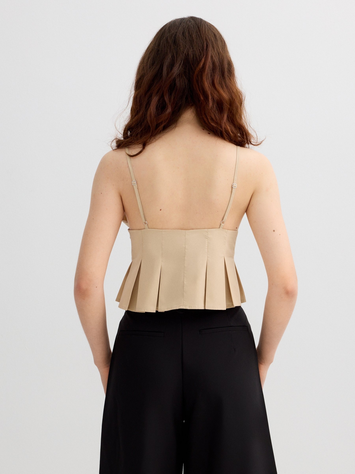 Pleated camisole with V-neck sand middle back view