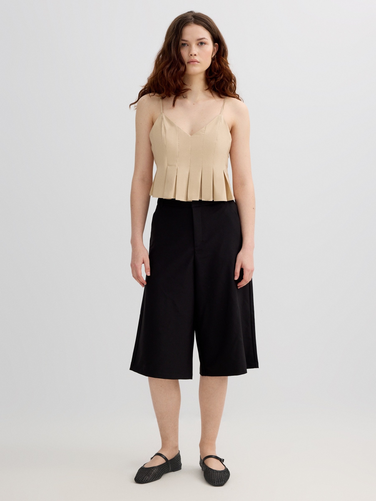Pleated camisole with V-neck sand front view