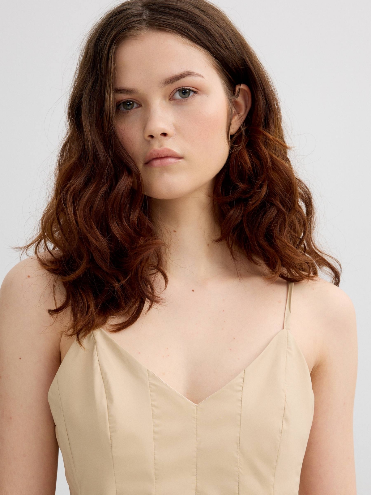 Pleated camisole with V-neck sand detail view
