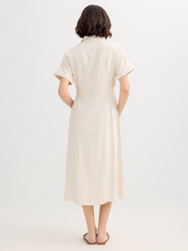 Linen midi shirt dress beige middle back view