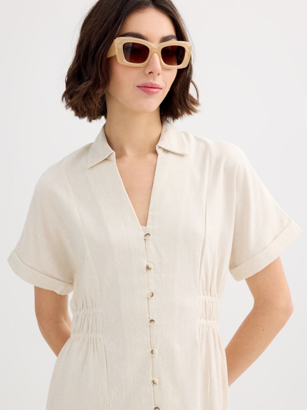 Linen midi shirt dress beige front view