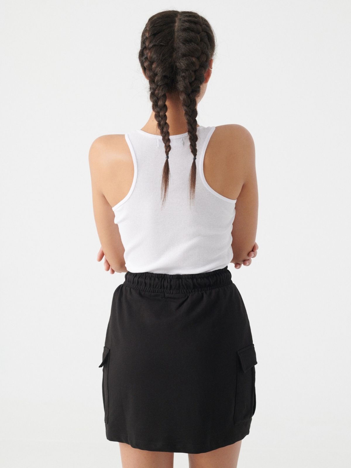 Cotton mini cargo skirt black middle back view