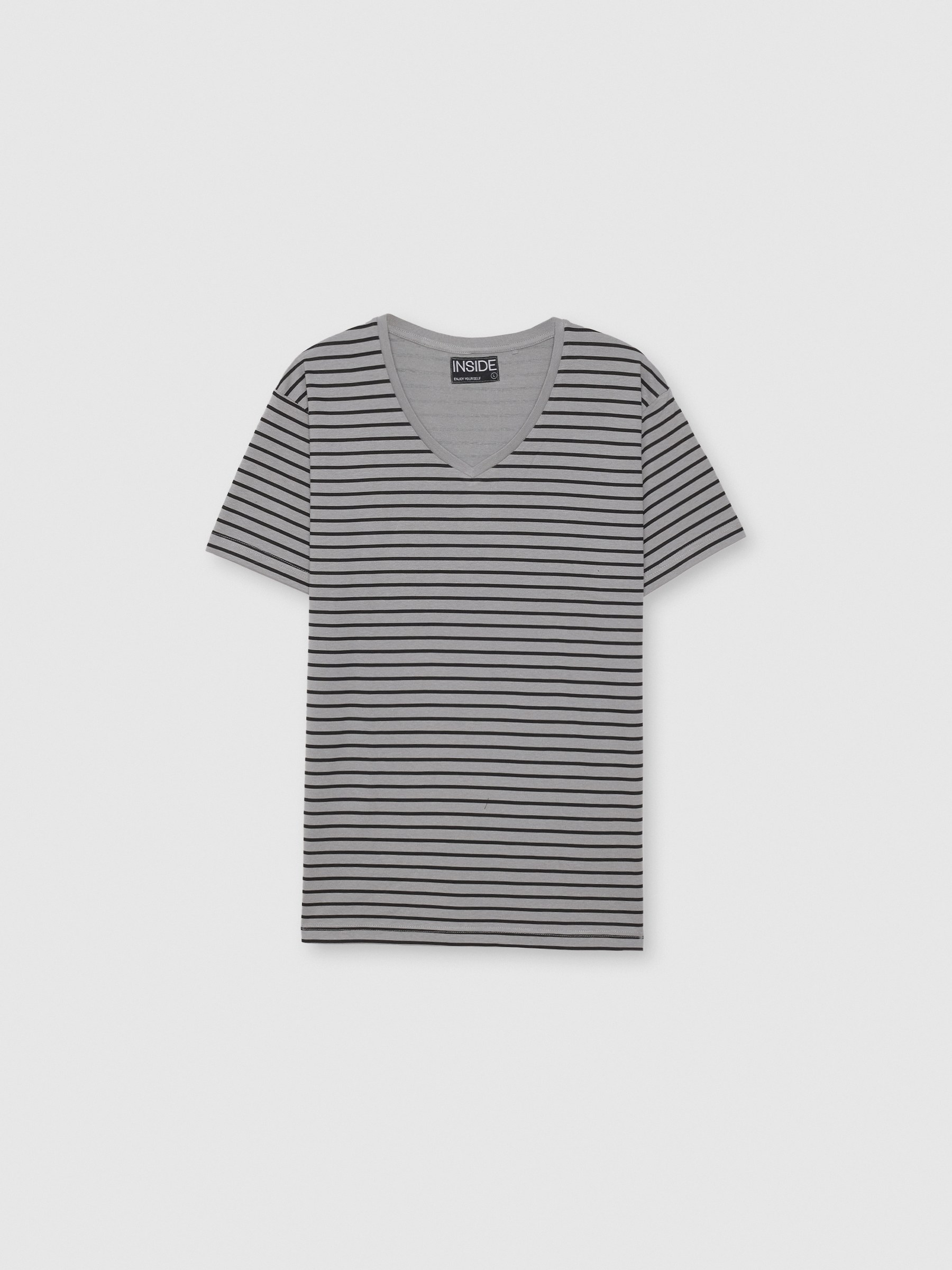 Pijama de algodão estampado listras cinza vista geral frontal