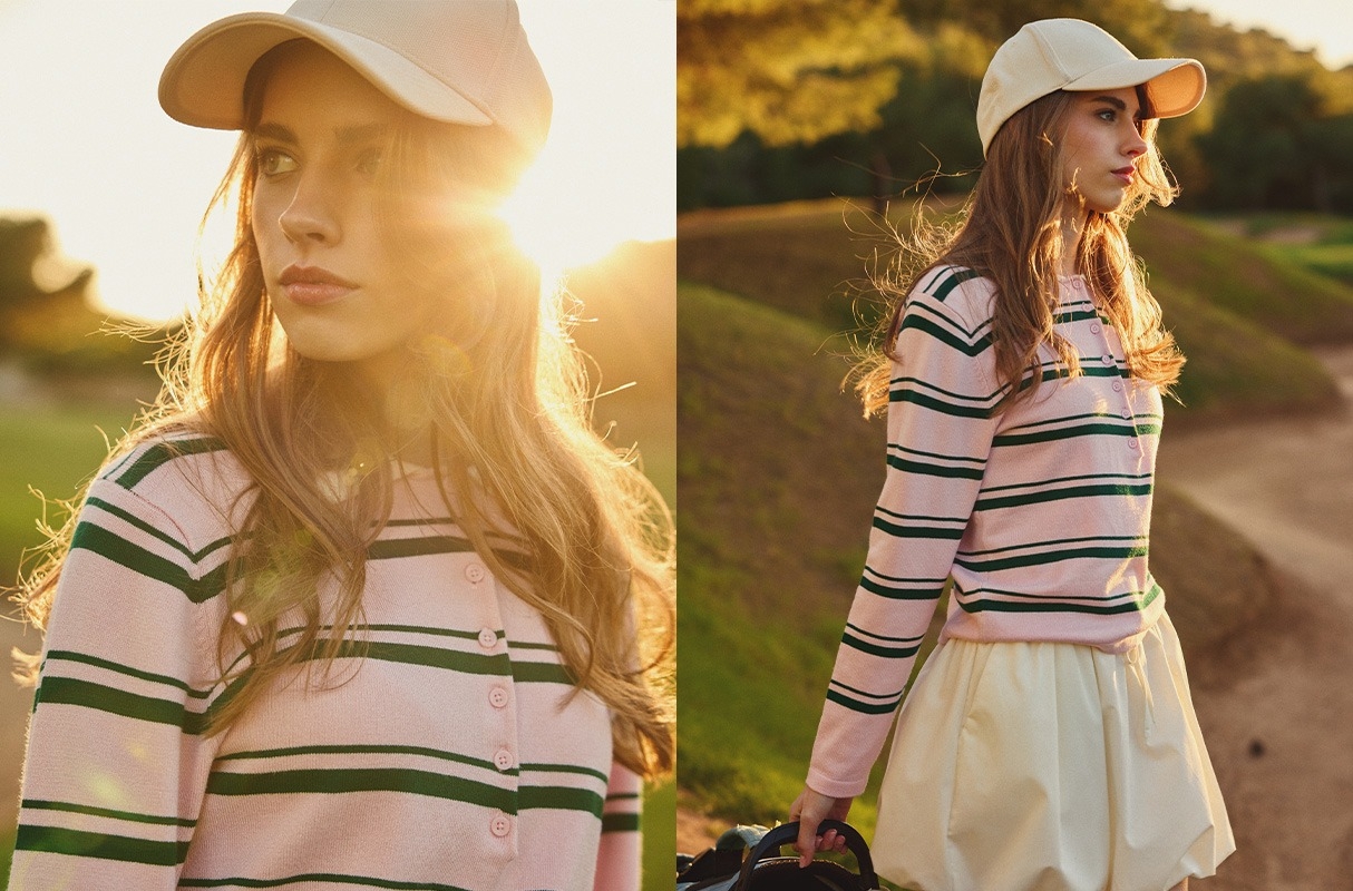 Jersey polo de punto a rayas con botones rosa claro vista media frontal