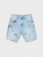 %Pto% Bermuda denim rasgada efeito desgastado azul claro