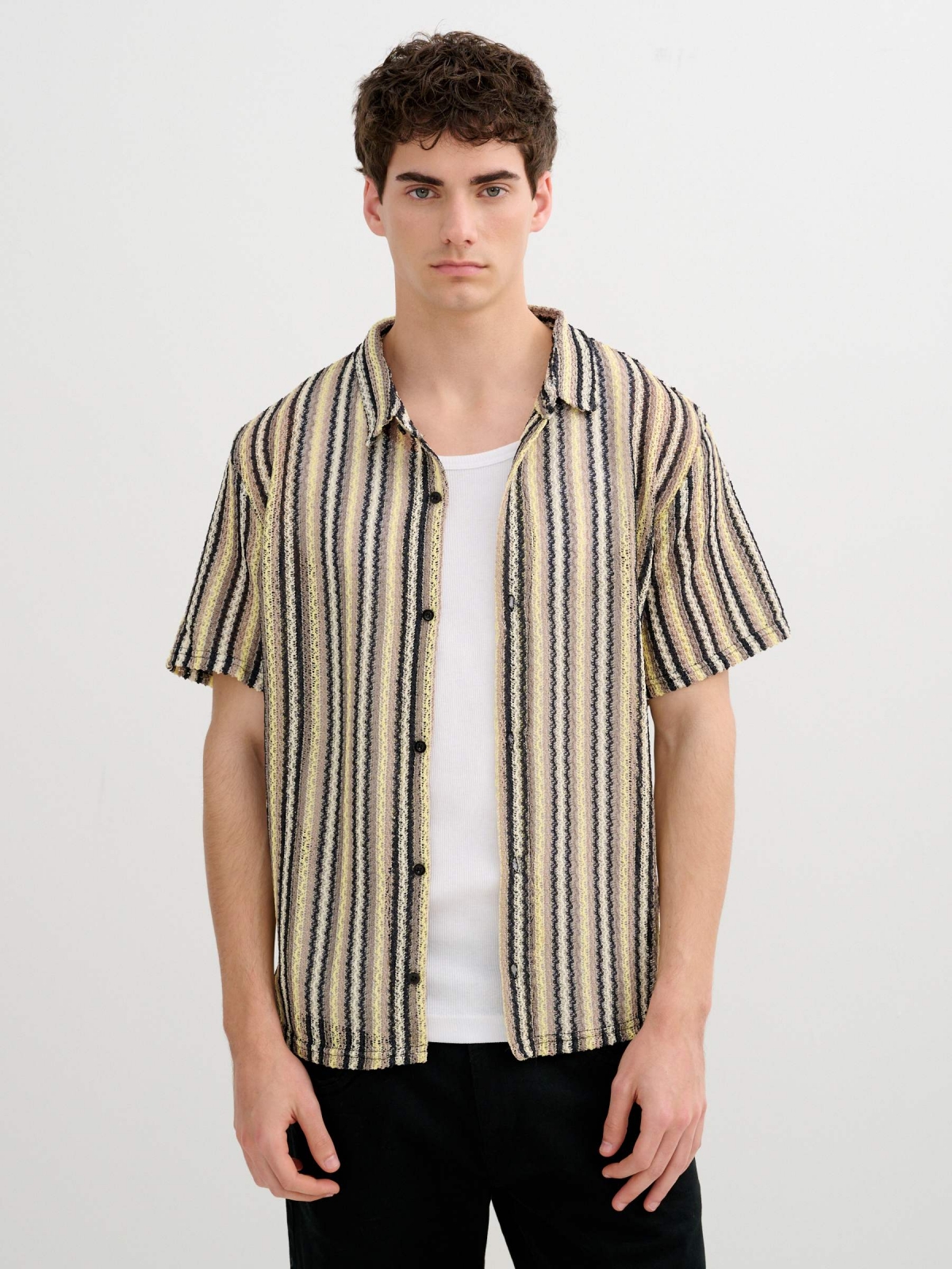 Striped shirt with buttons and classic collar black middle front view