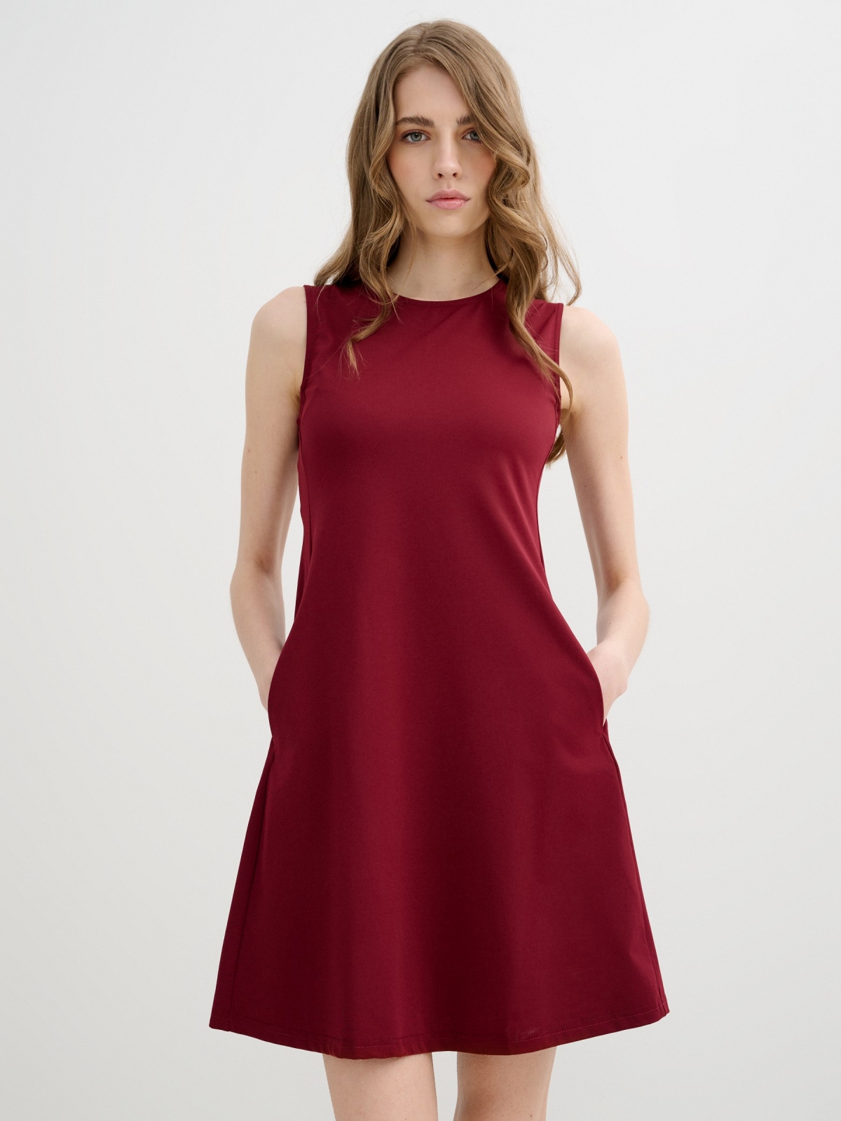 Sleeveless flared mini dress dark garnet middle front view