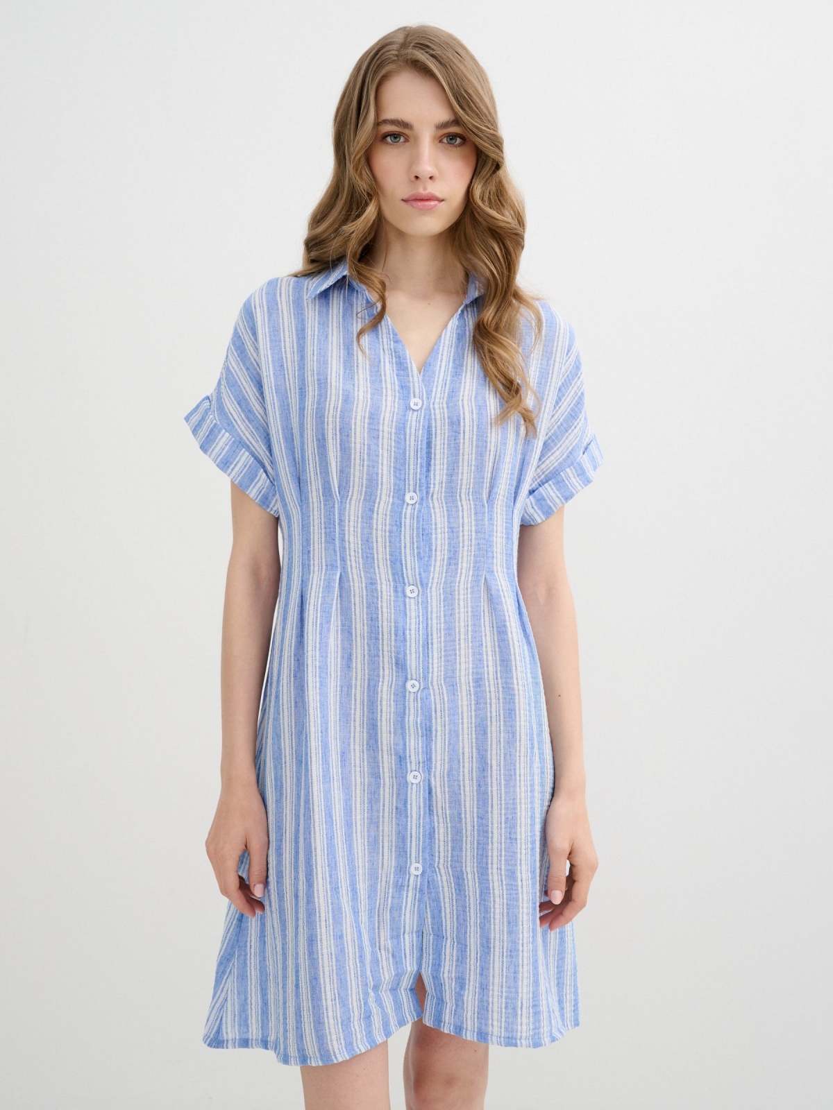 Striped shirt dress navy middle front view