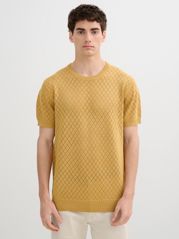 Round neck knit t-shirt brown middle front view