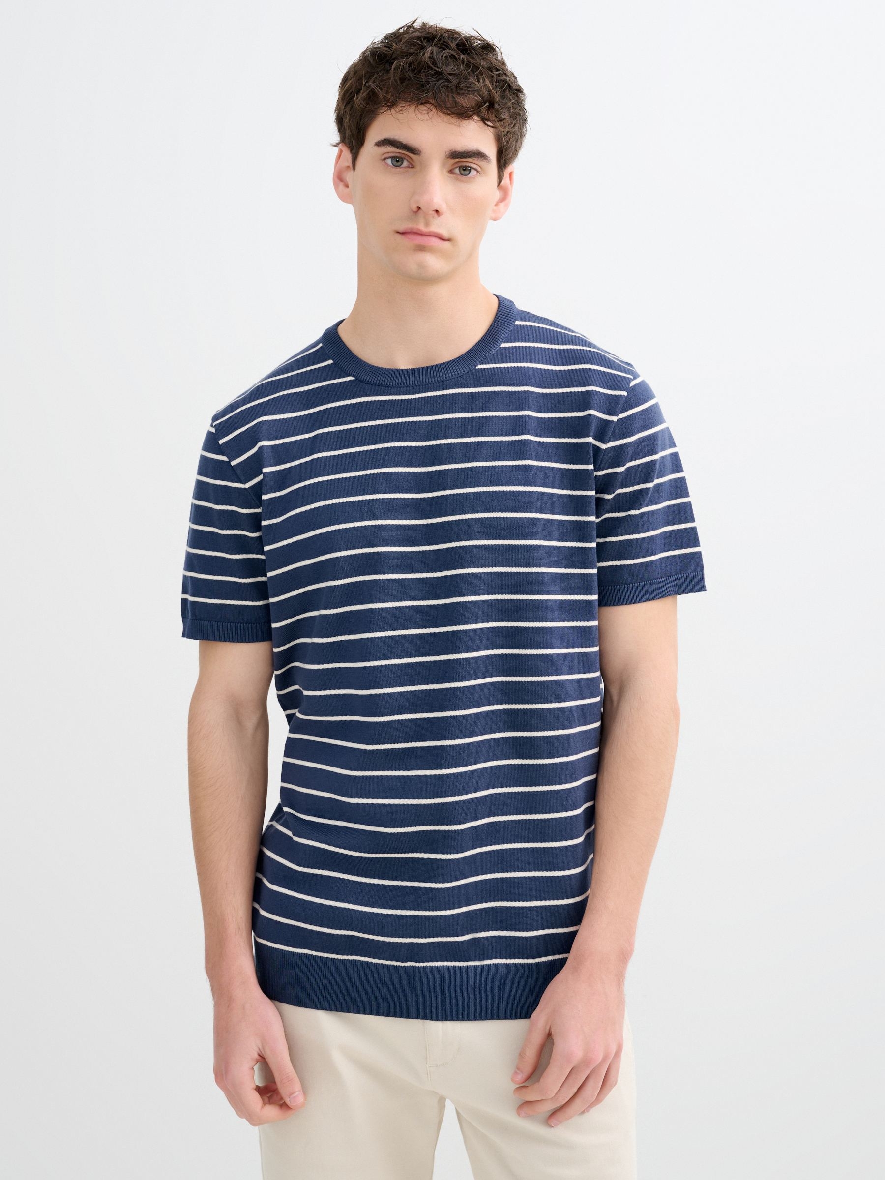 Striped knit fabric t-shirt petrol blue middle front view