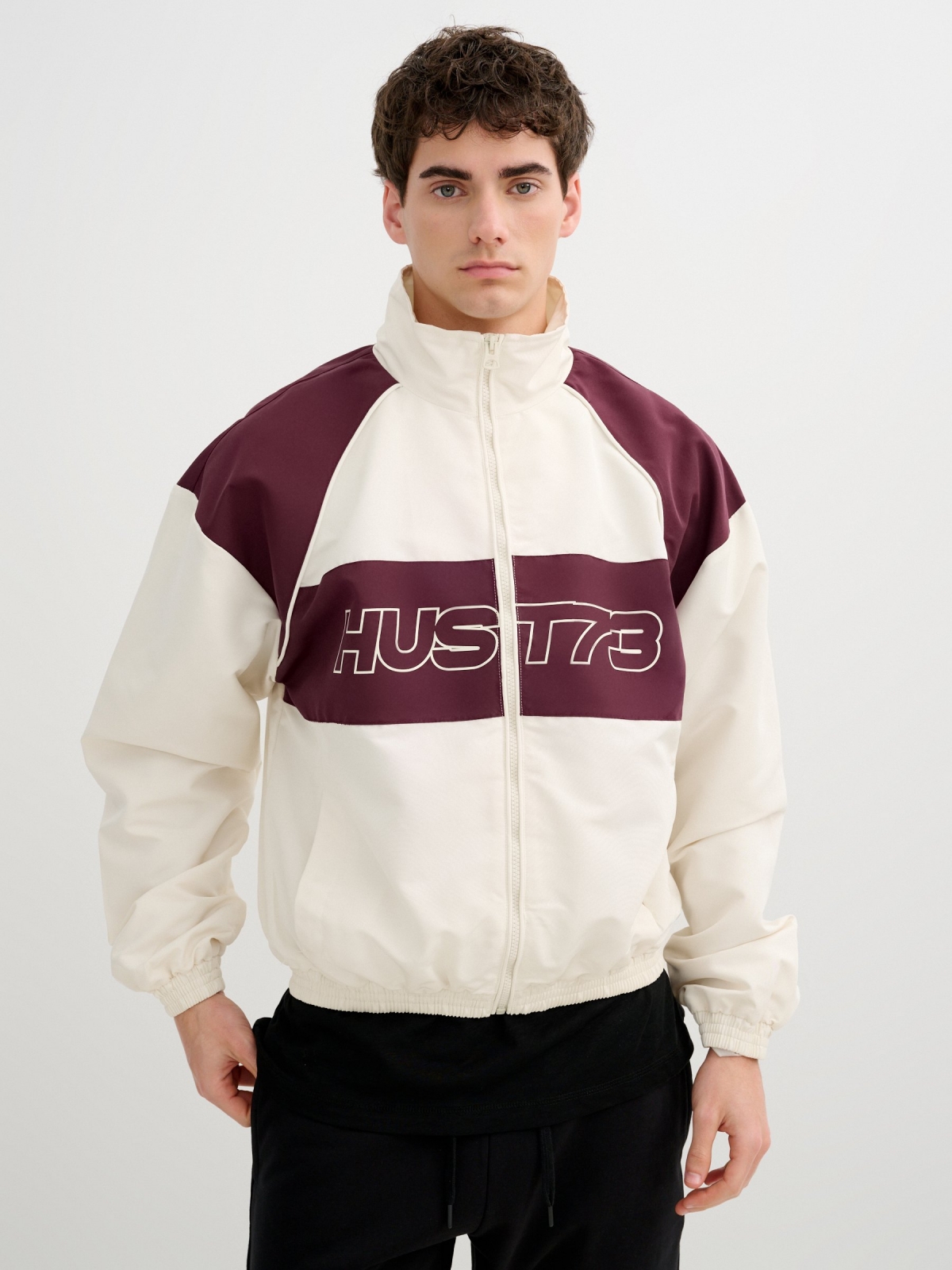 Nylon jacket with zipper off white middle front view