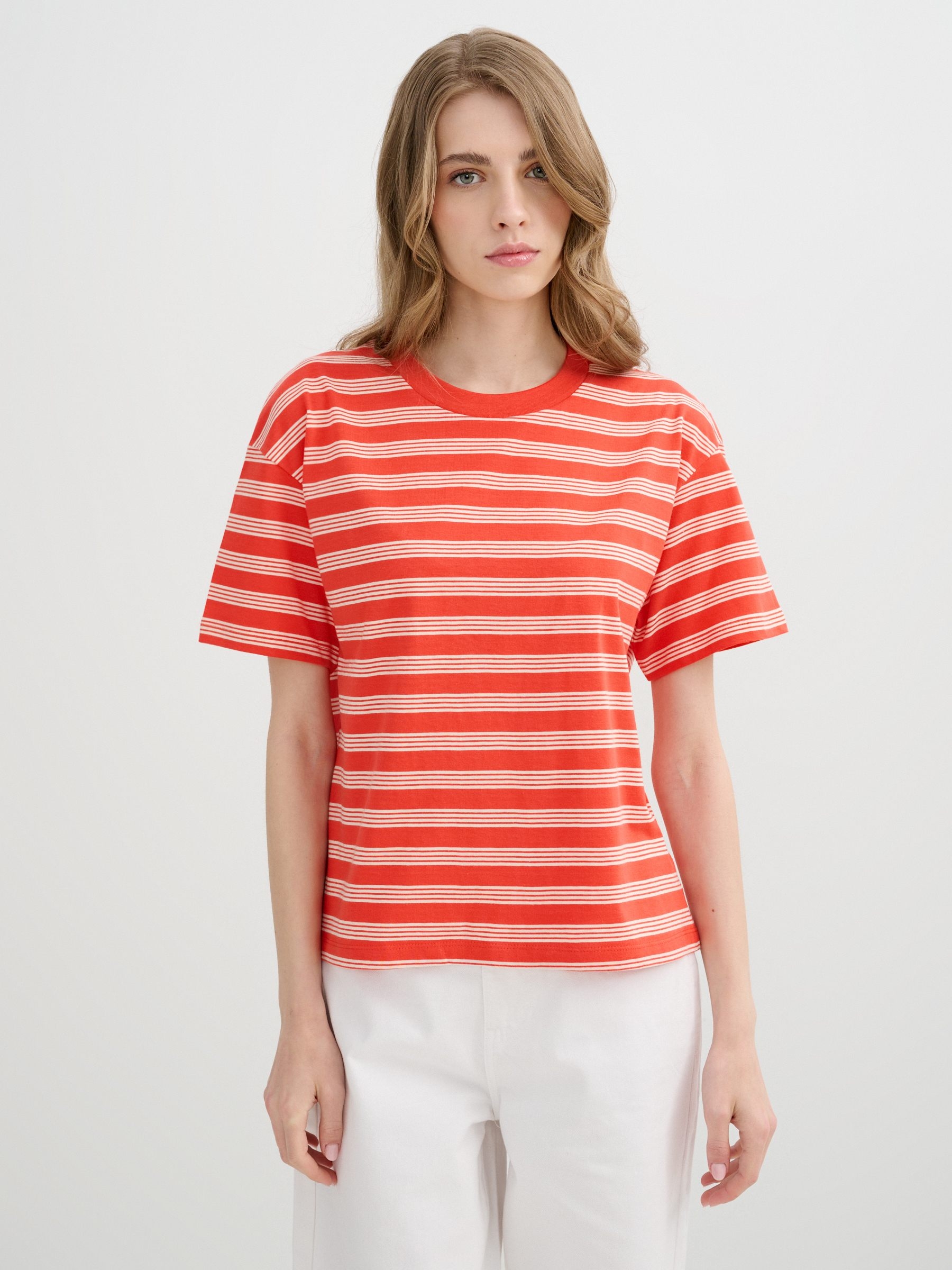 Camiseta rayas algodón Oversize coral vista media frontal