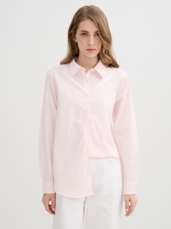 Camisa popelina listrada manga longa rosa claro vista meia frontal
