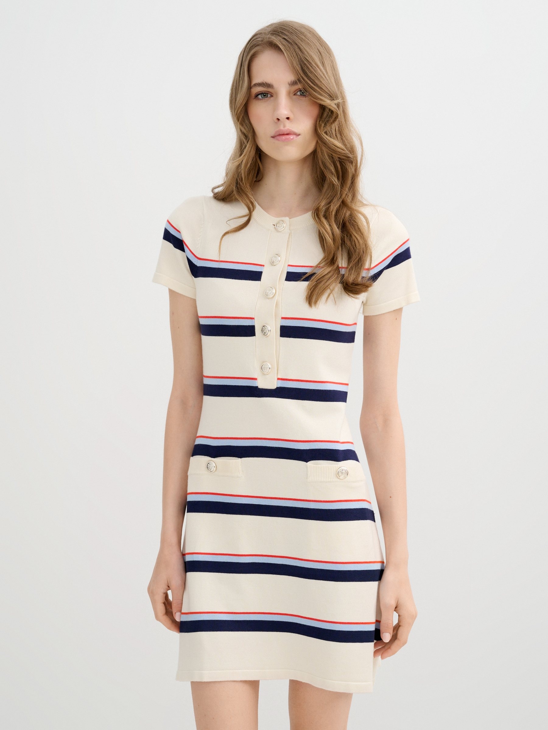 Vestido mini listras malha off white vista meia frontal