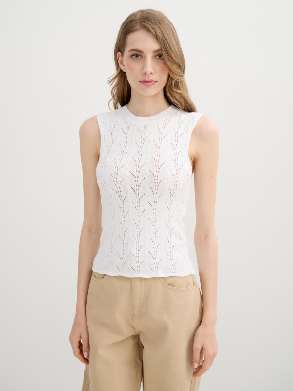 Top calado tricot sin mangas blanco vista media frontal